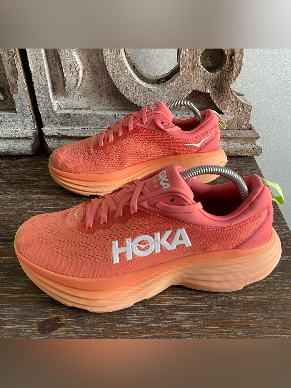 HOKA Bondi 8 Athletic Athleisure Running Sneakers Shoe Womens 9.5B Orange White